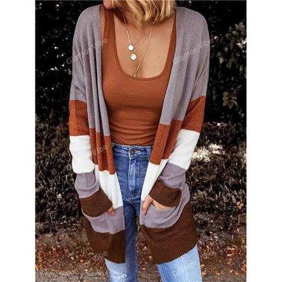 Variété Boutique Sweaters - New Women's Casual Colorblock Striped Long Knitted Cardigan